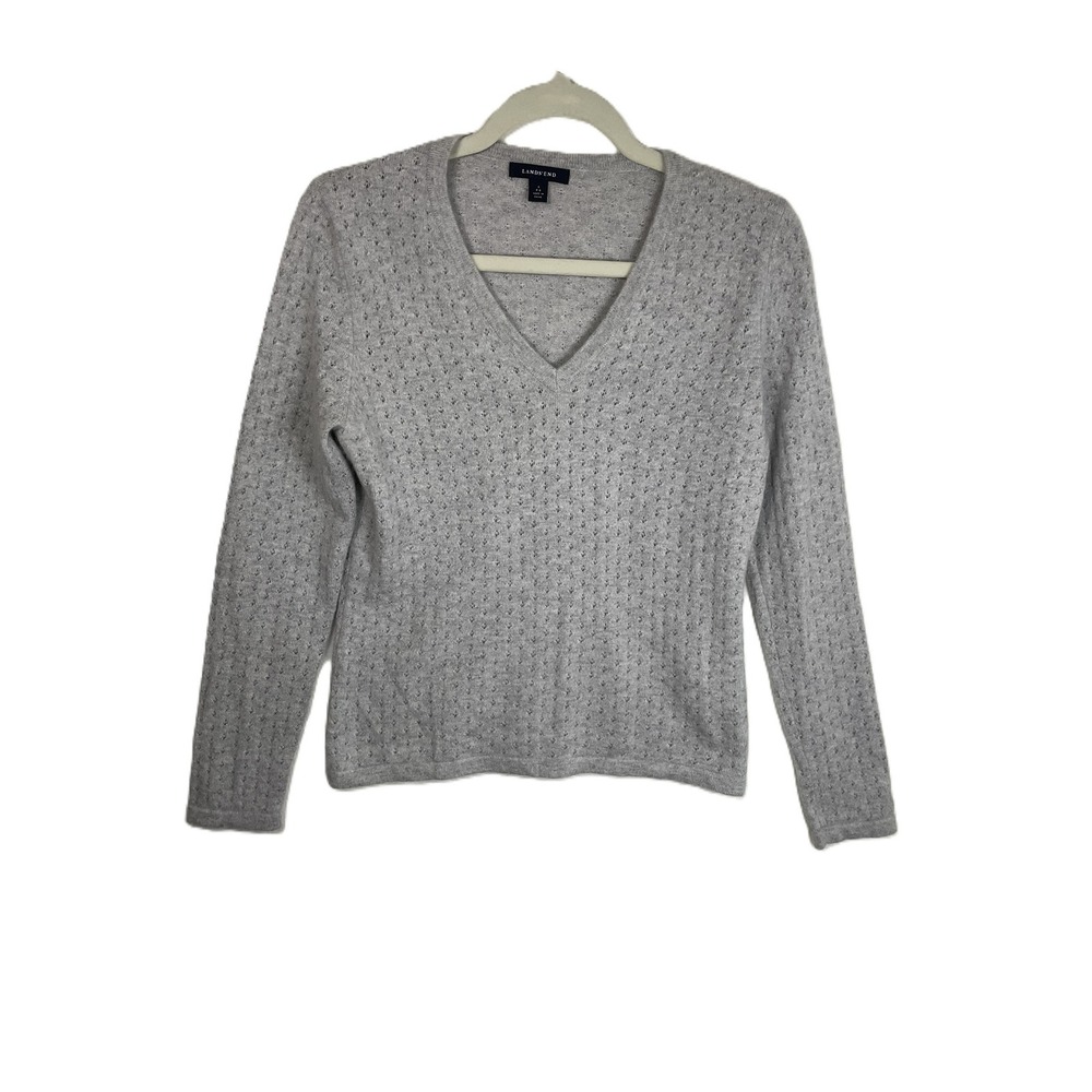 Lands End Womens Gray 100% Cashmere Pointelle V-Neck Sweater Size S 6-8 231793